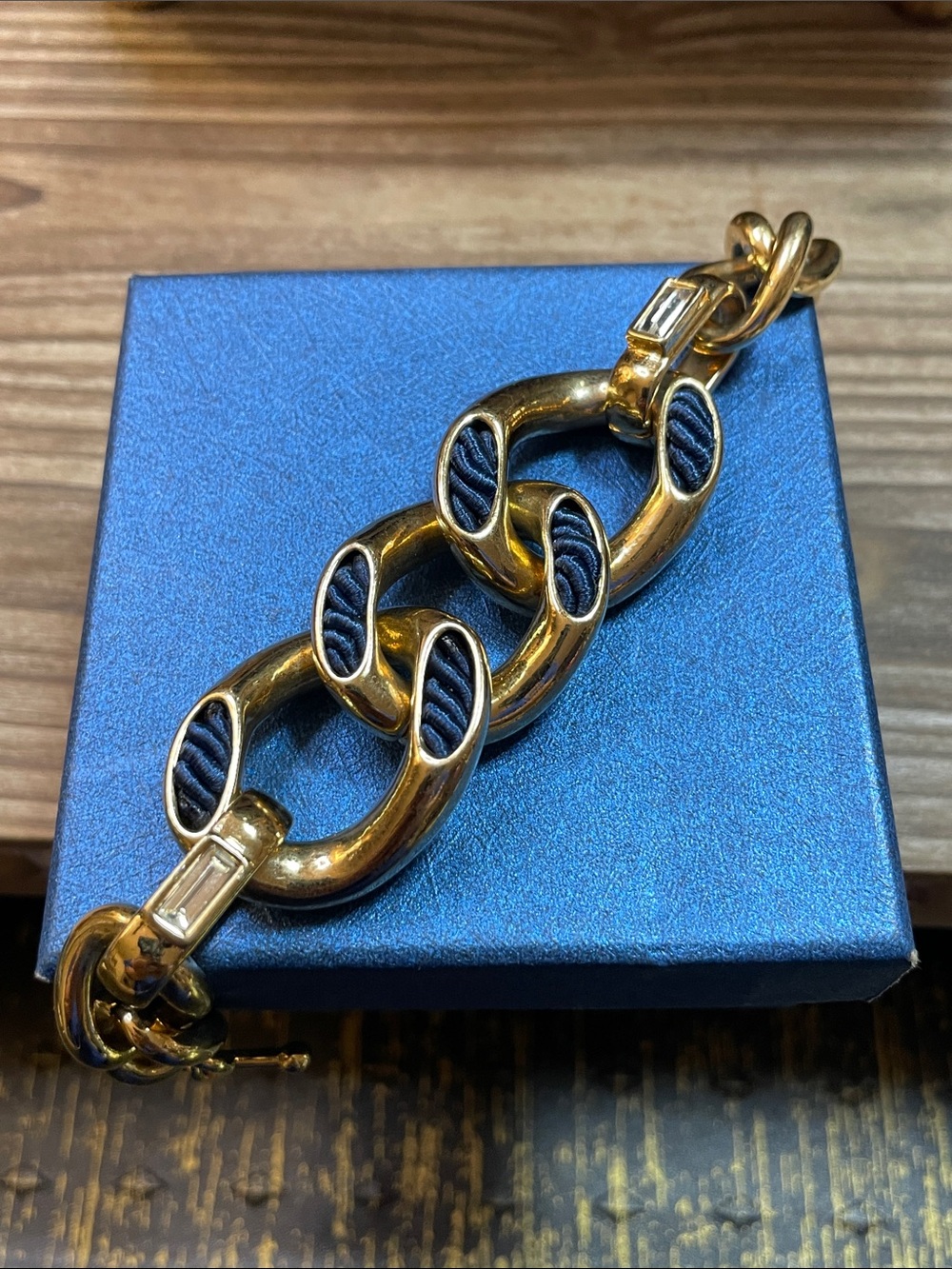 Vintage Ann Taylor Gold Chain Bracelet with Navy Inset